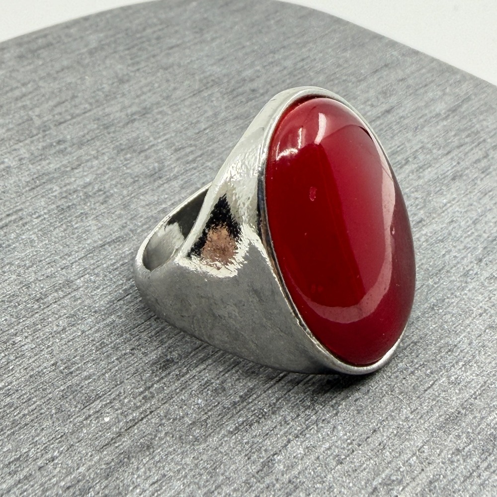 Red Oval Cabochon Agate Ring Silver Tone Chunky Band Gothic Statement Cocktail